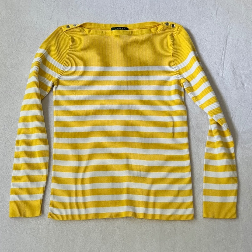 Lauren Ralph Lauren‎ Sweater Yellow White Striped Ribbed Button Shoulder XL